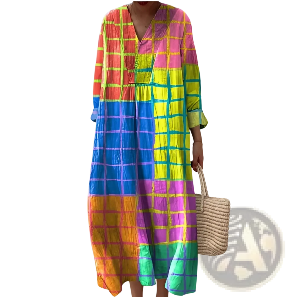 Women’s abstract v neck maxi dress with vibrant patchwork plaid pattern in pink yellow blue and green