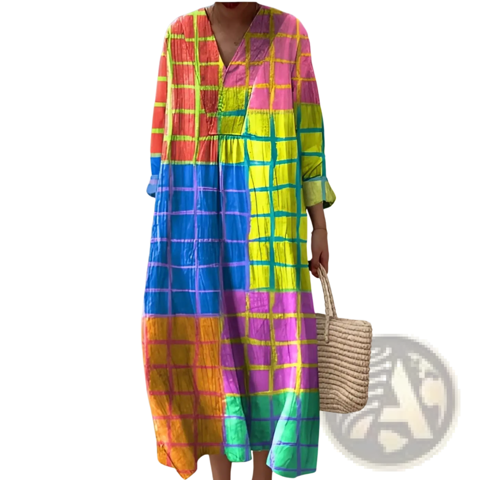Women’s abstract v neck maxi dress with vibrant patchwork plaid pattern in pink yellow blue and green