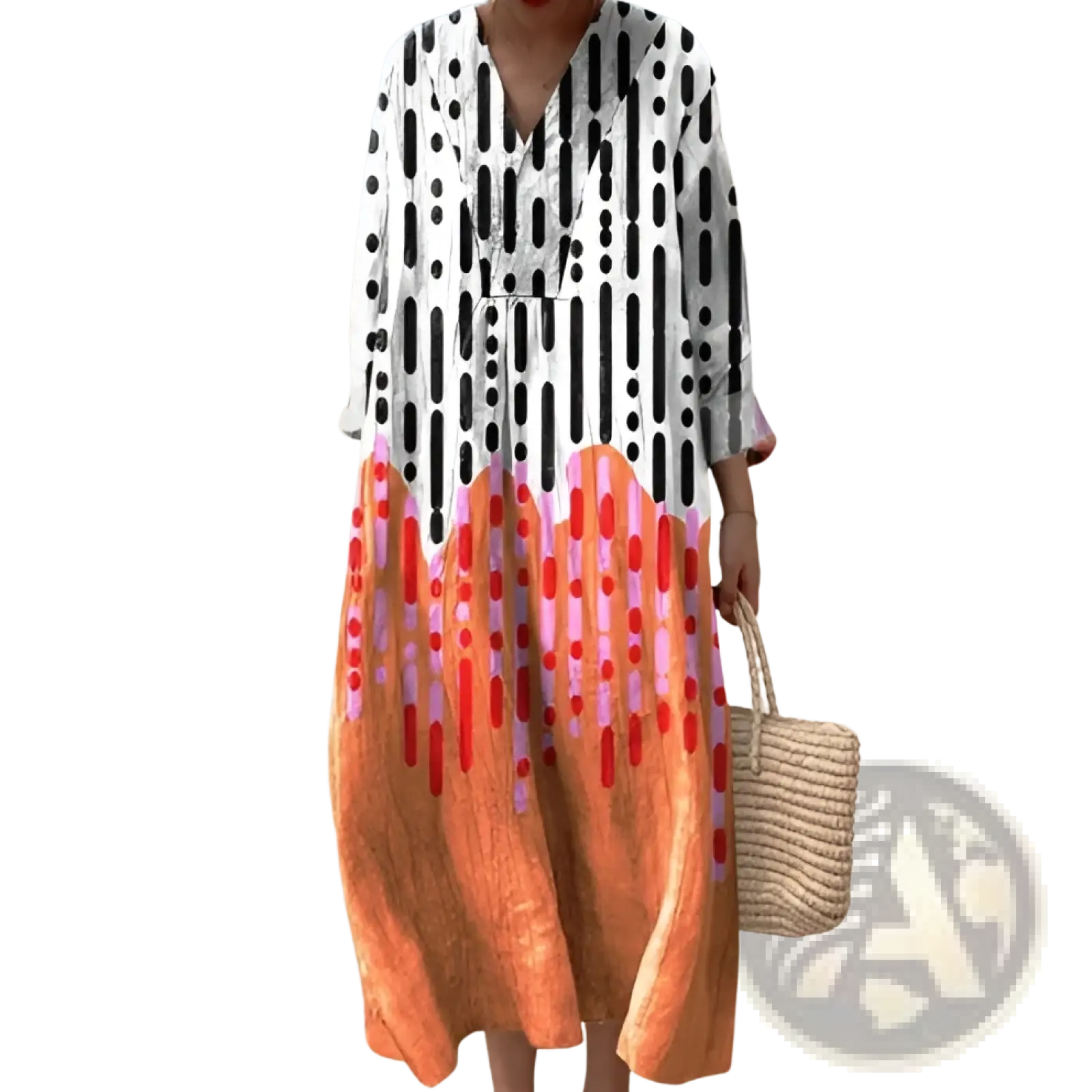 A woman wearing a women’s abstract v neck patterned maxi dress with black and white stripes fading to orange gradient hem