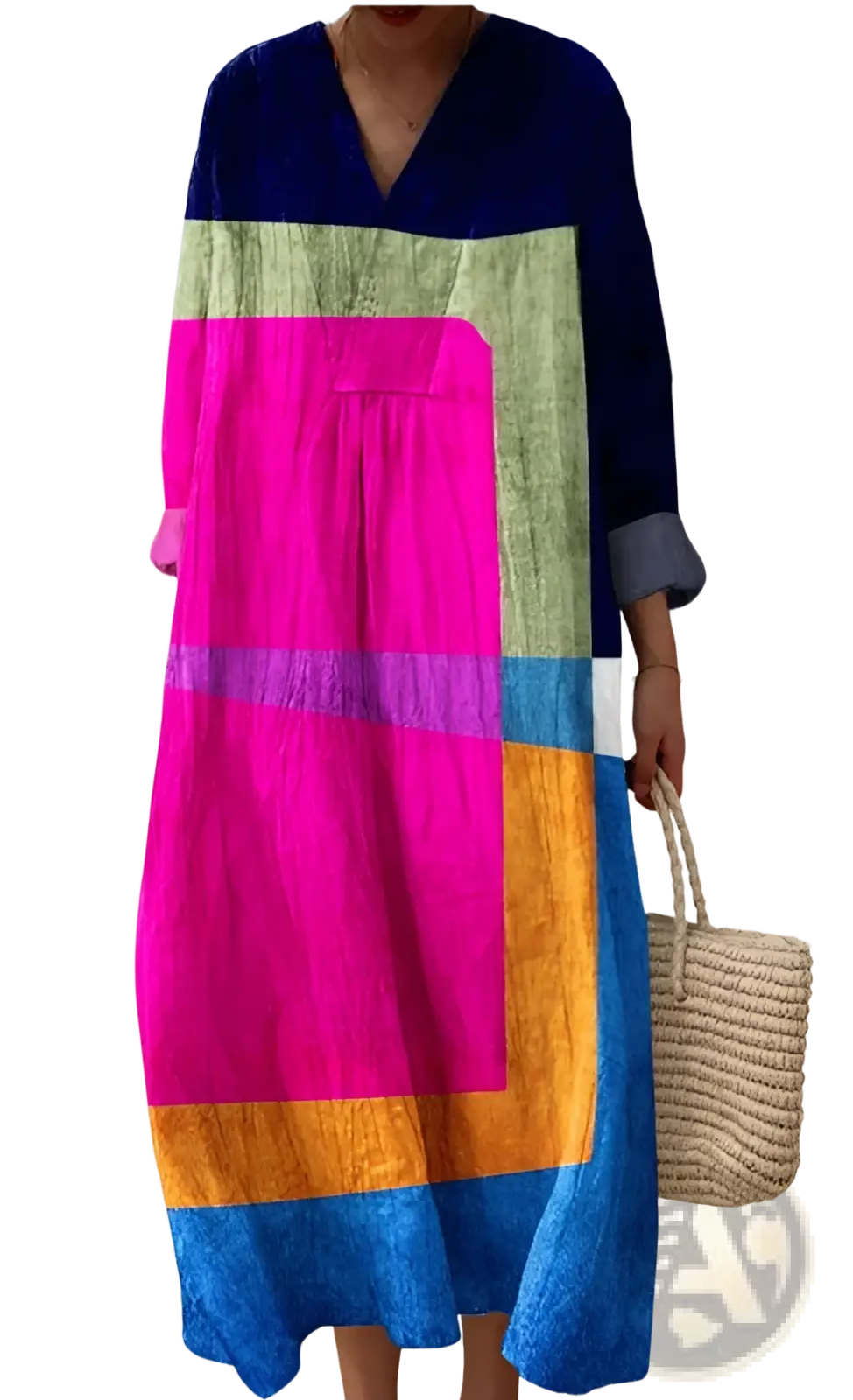 A vibrant women’s abstract v neck patterned maxi dress with long sleeves and bold geometric colors including navy and fuchsia