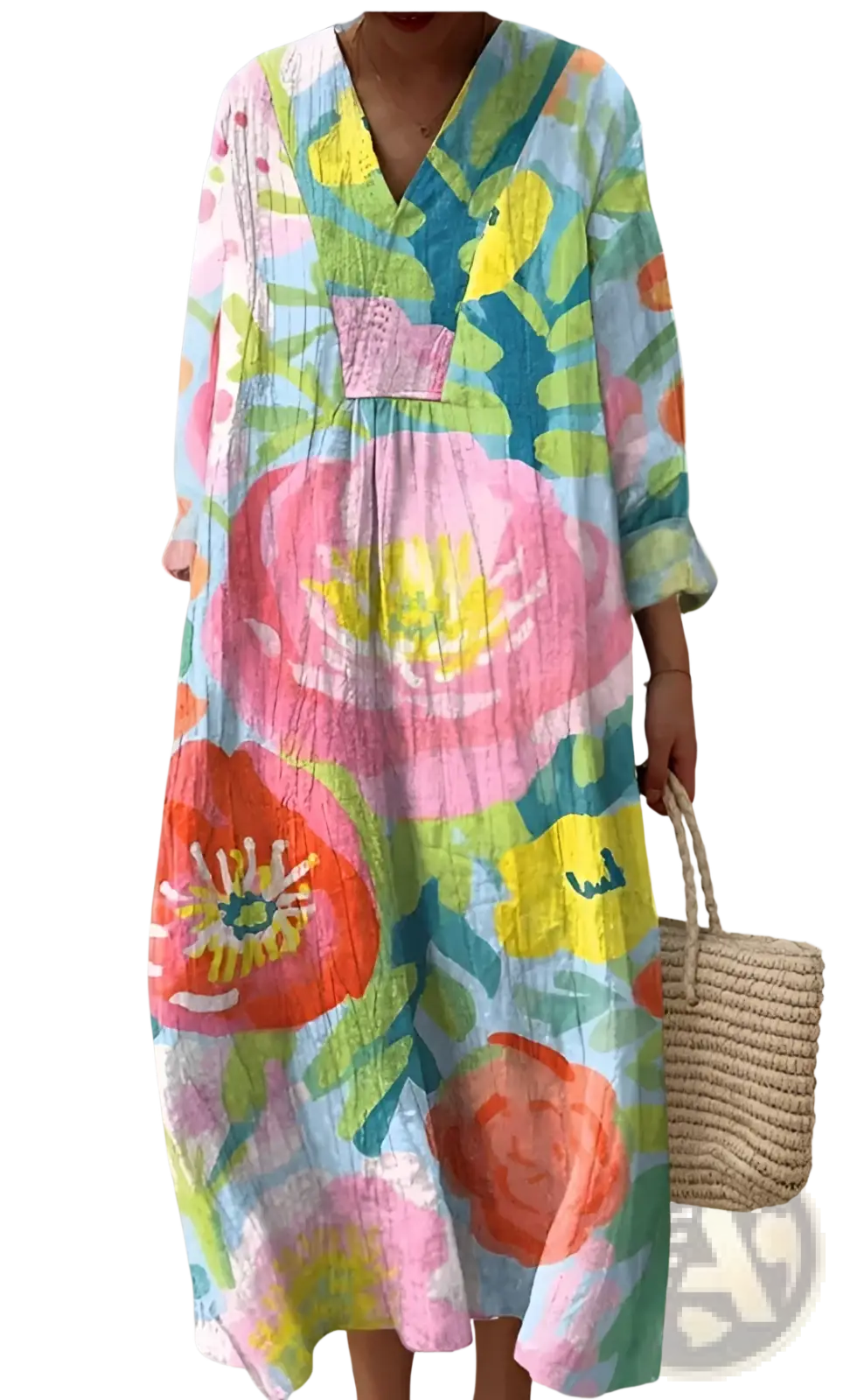 Women’s abstract v neck patterned maxi dress in soft cotton with vibrant pink and orange floral design on light blue background