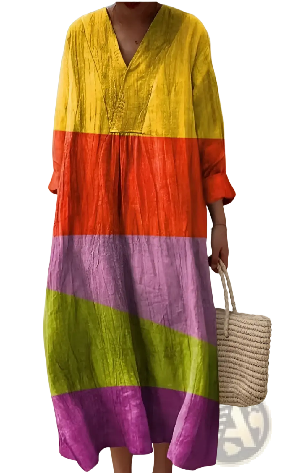 A vibrant women’s abstract v neck maxi dress with bold yellow orange purple and green stripes in textured fabric