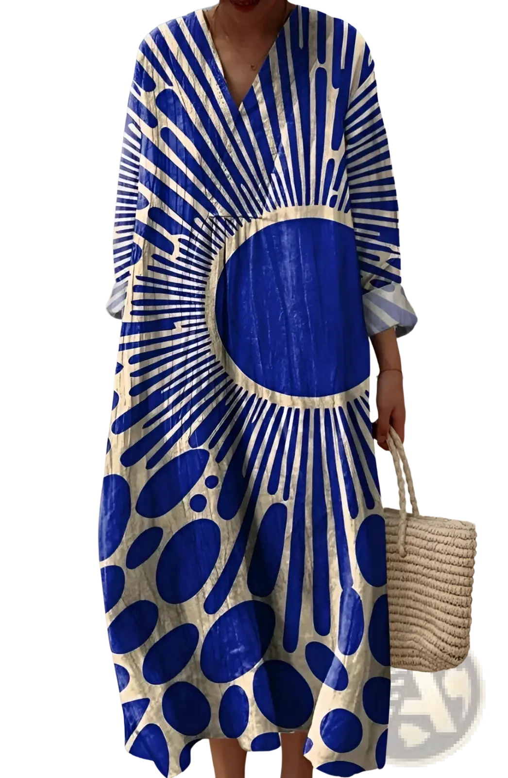 Women’s flowing blue and cream abstract sunburst patterned maxi dress with v neckline and lightweight fabric