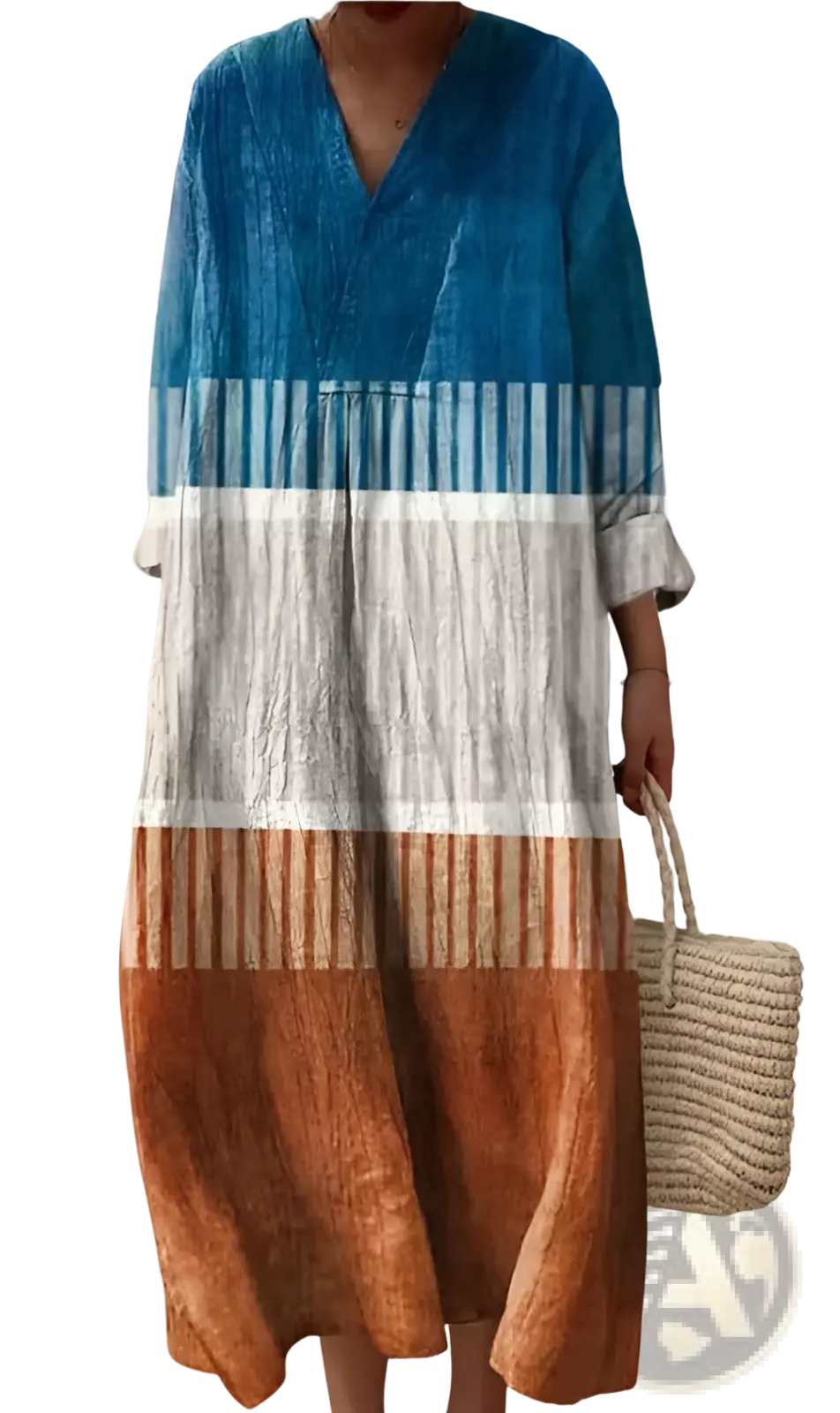 Women’s abstract v neck patterned maxi dress with flowing long sleeves and horizontal blue white and brown stripes