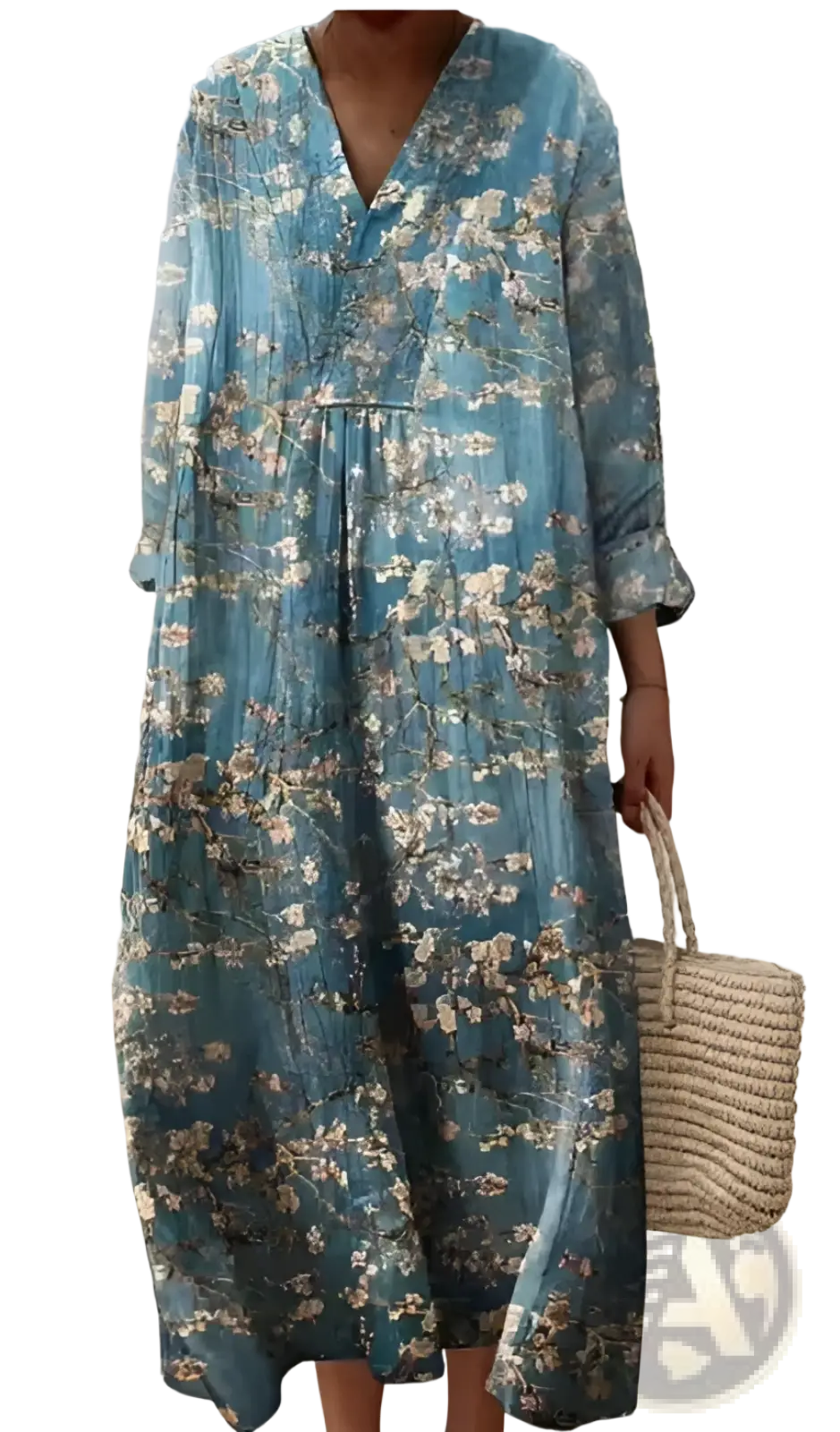 Women’s abstract v neck patterned maxi dress in flowing blue cotton fabric with white floral blossoms and three quarter sleeves