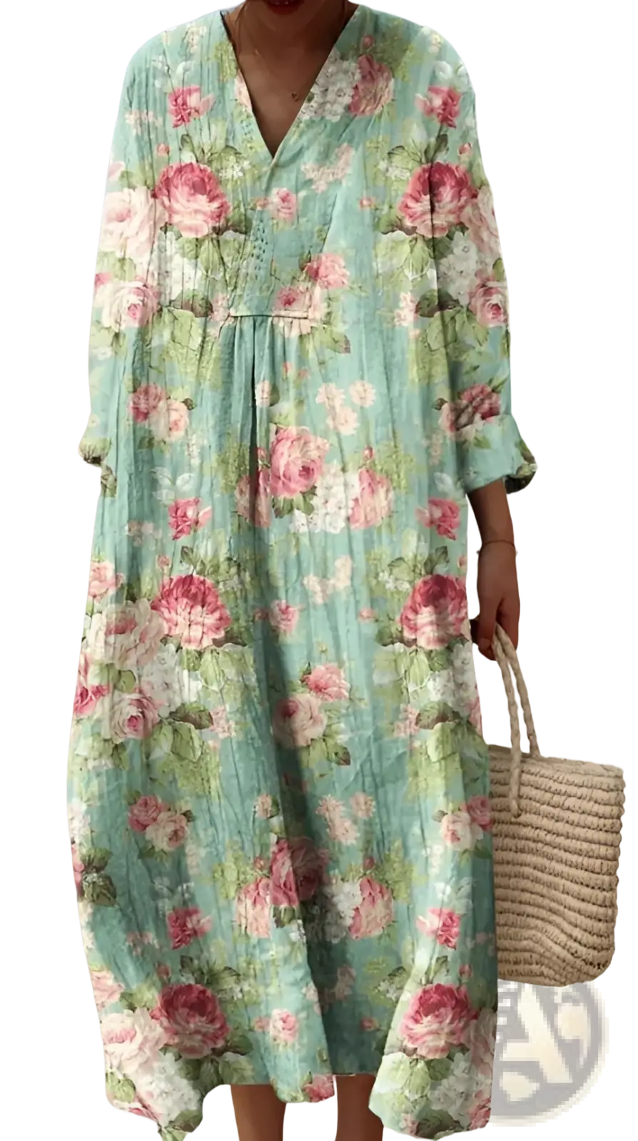 Women’s abstract v neck patterned maxi dress in flowing mint green lightweight fabric with pink rose floral design