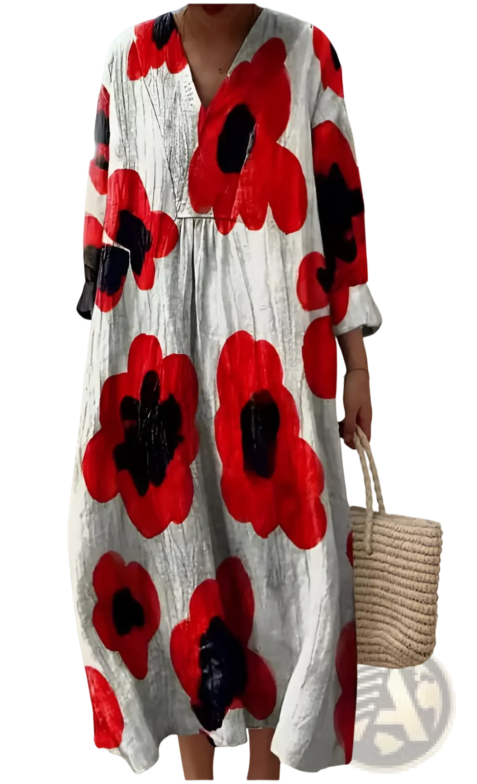 Women’s abstract v neck patterned maxi dress in white with red and black poppy prints and three quarter sleeves