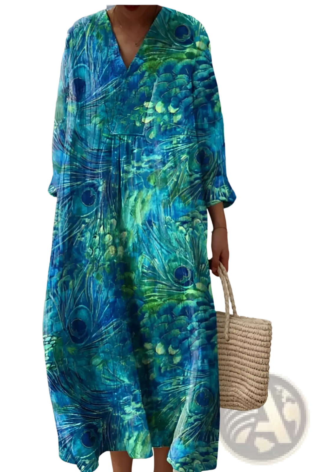 A flowing long-sleeved women’s abstract v neck maxi dress in vibrant blue and green with peacock feather print