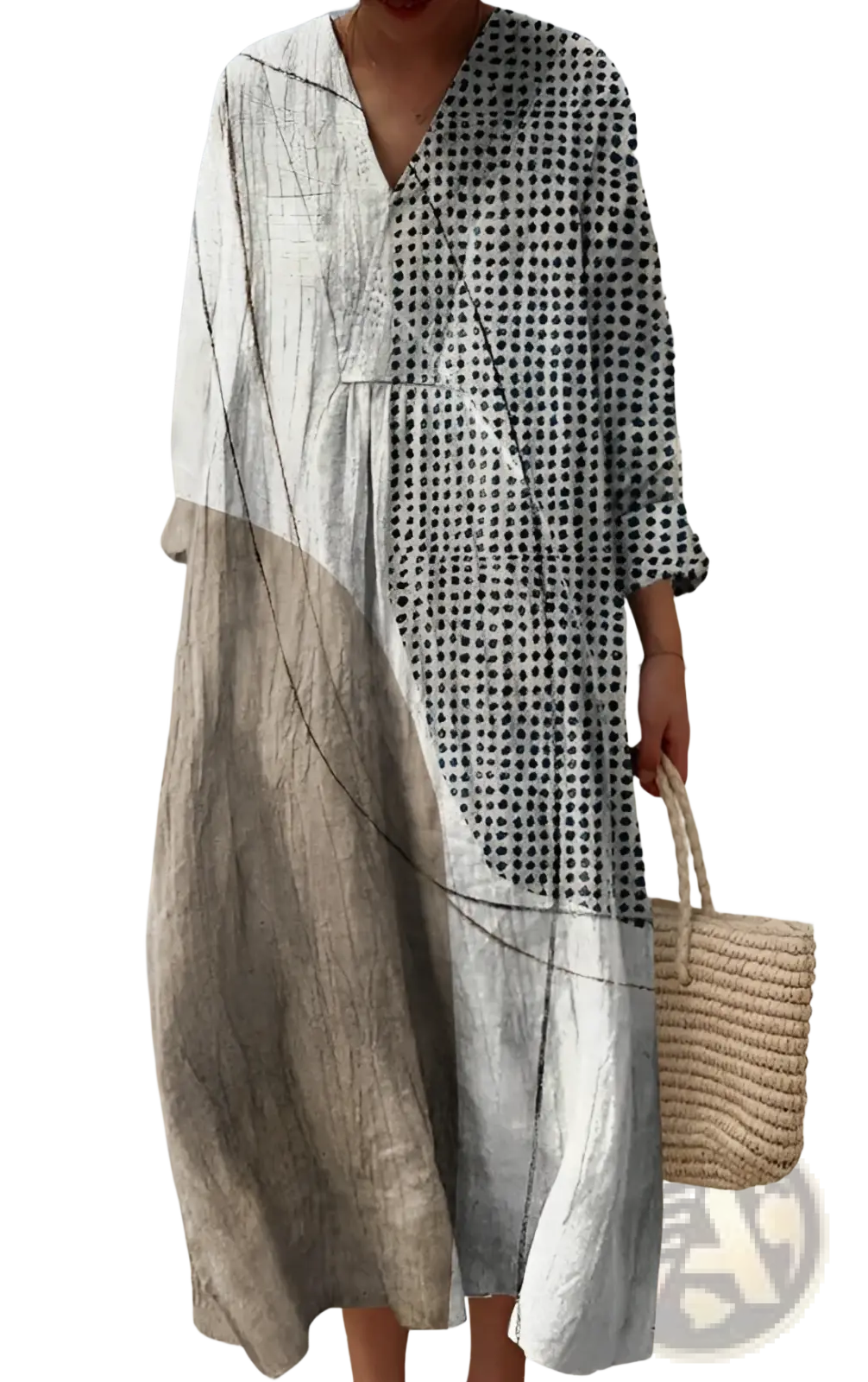 Women’s abstract v neck patterned maxi dress with flowing long sleeves black polka dots and beige gray fabric