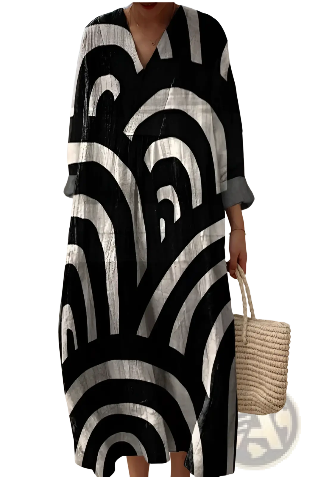 Women’s abstract v neck patterned maxi dress in flowing black and white fabric with three quarter sleeves and rolled cuffs