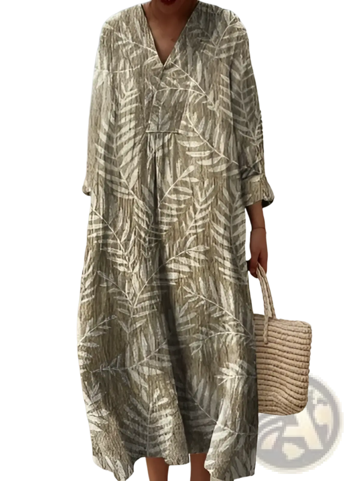 Women’s abstract v neck patterned maxi dress in olive green and cream leaf print with three quarter sleeves