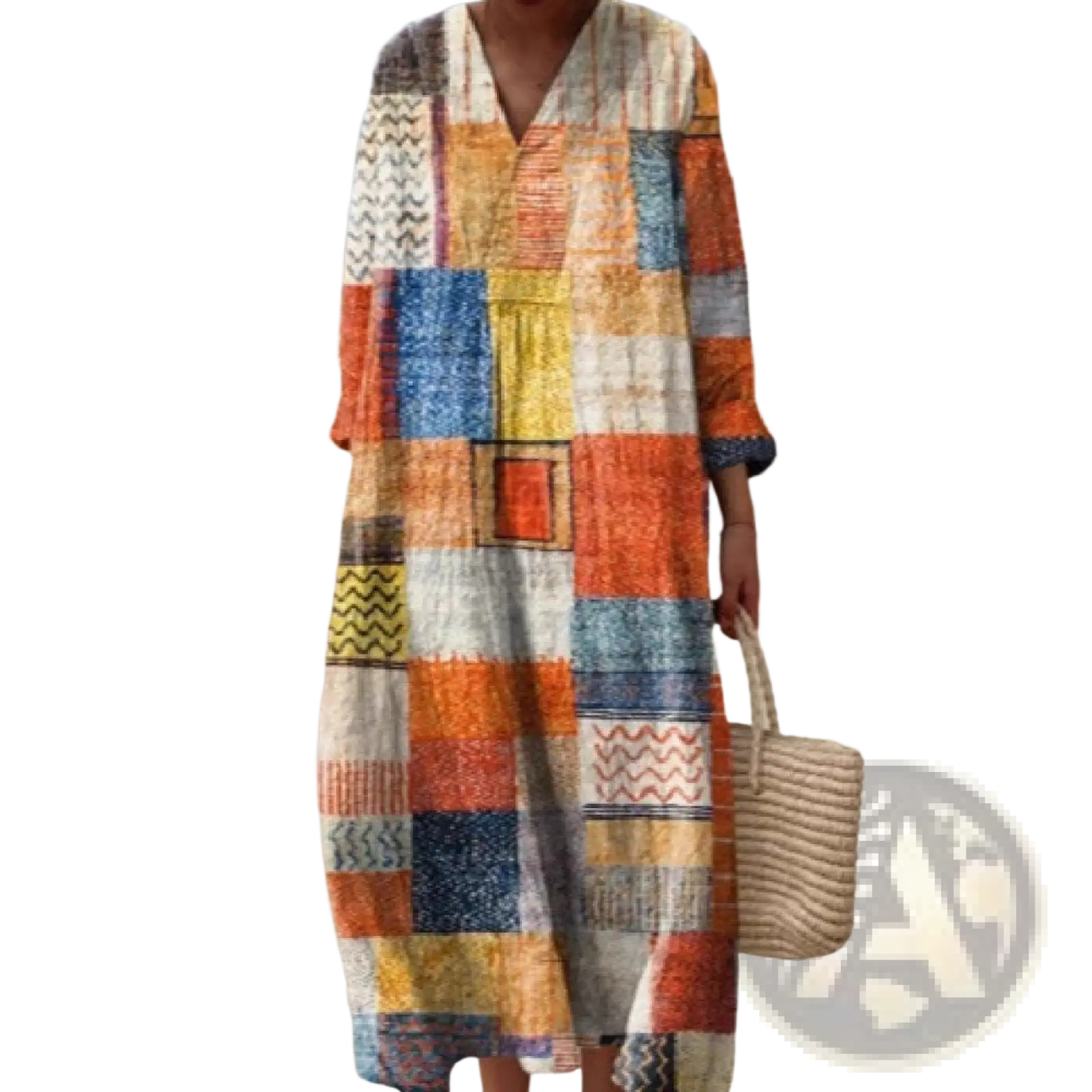 A vibrant women’s abstract v neck patterned maxi dress with three quarter sleeves and asymmetrical hem in earthy tones