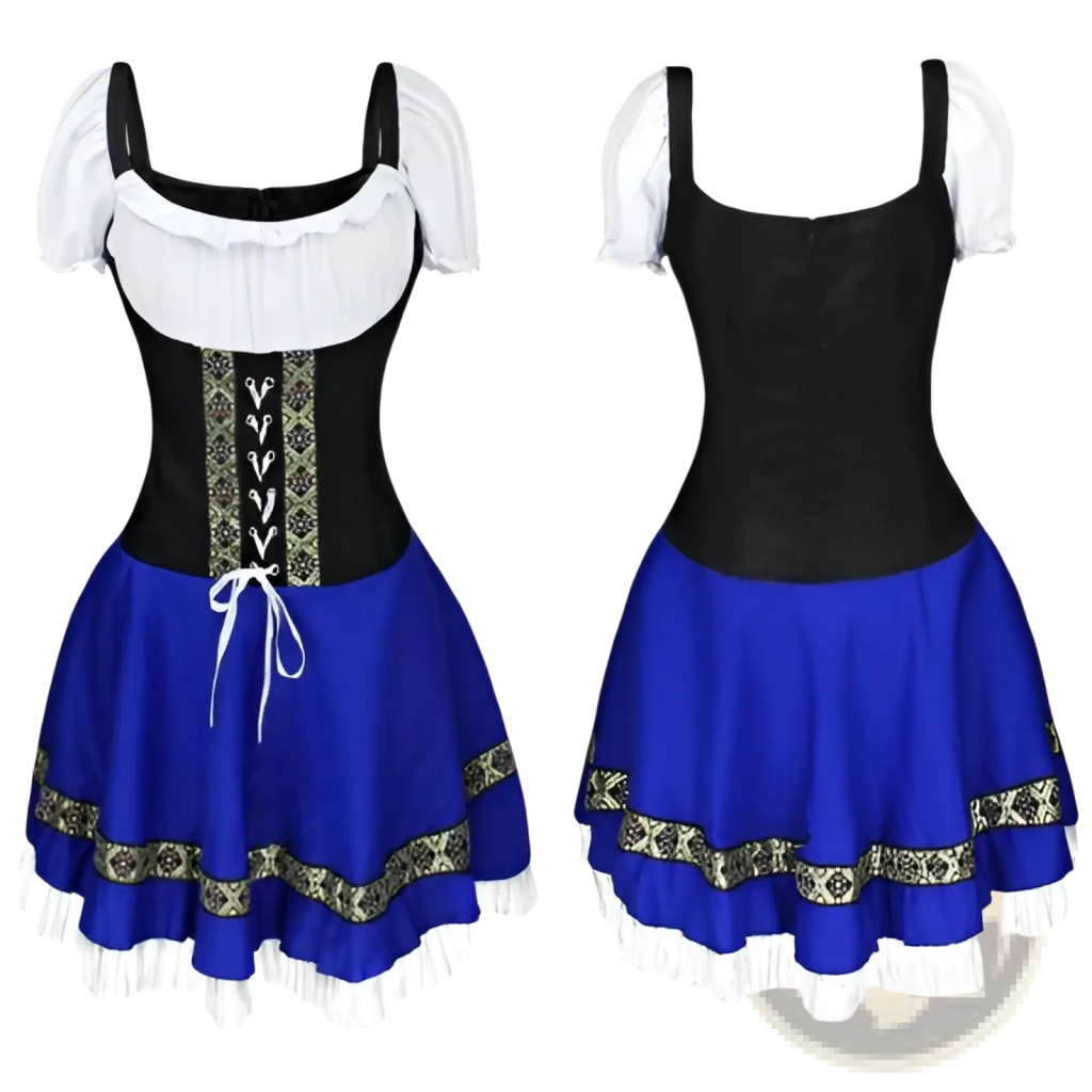 Women’s Bavarian corset style Halloween dirndl dress in blue and black with white ruffled sleeves, gold trim, and lace-up front