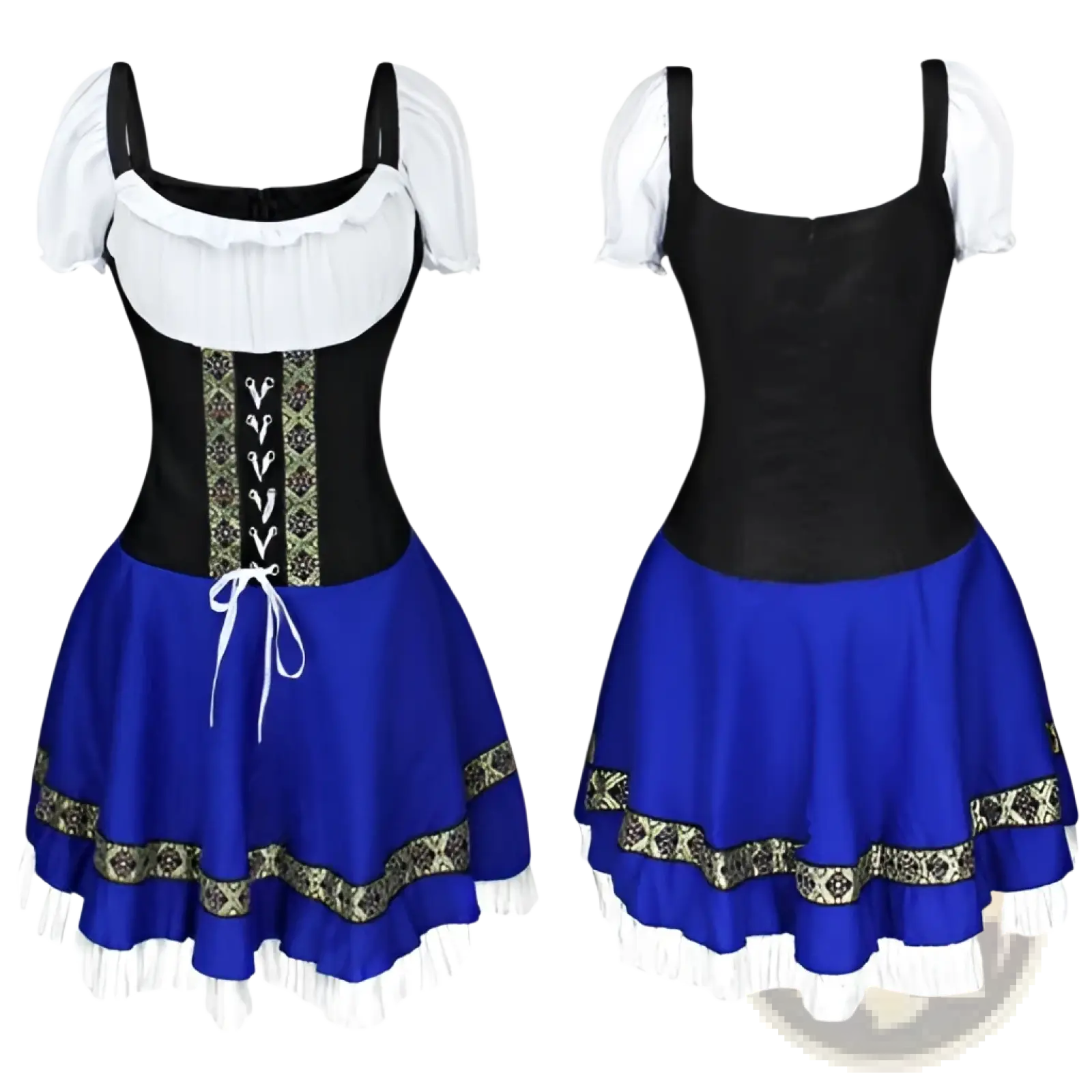Women’s Bavarian corset style Halloween dirndl dress in blue and black with white ruffled sleeves, gold trim, and lace-up front