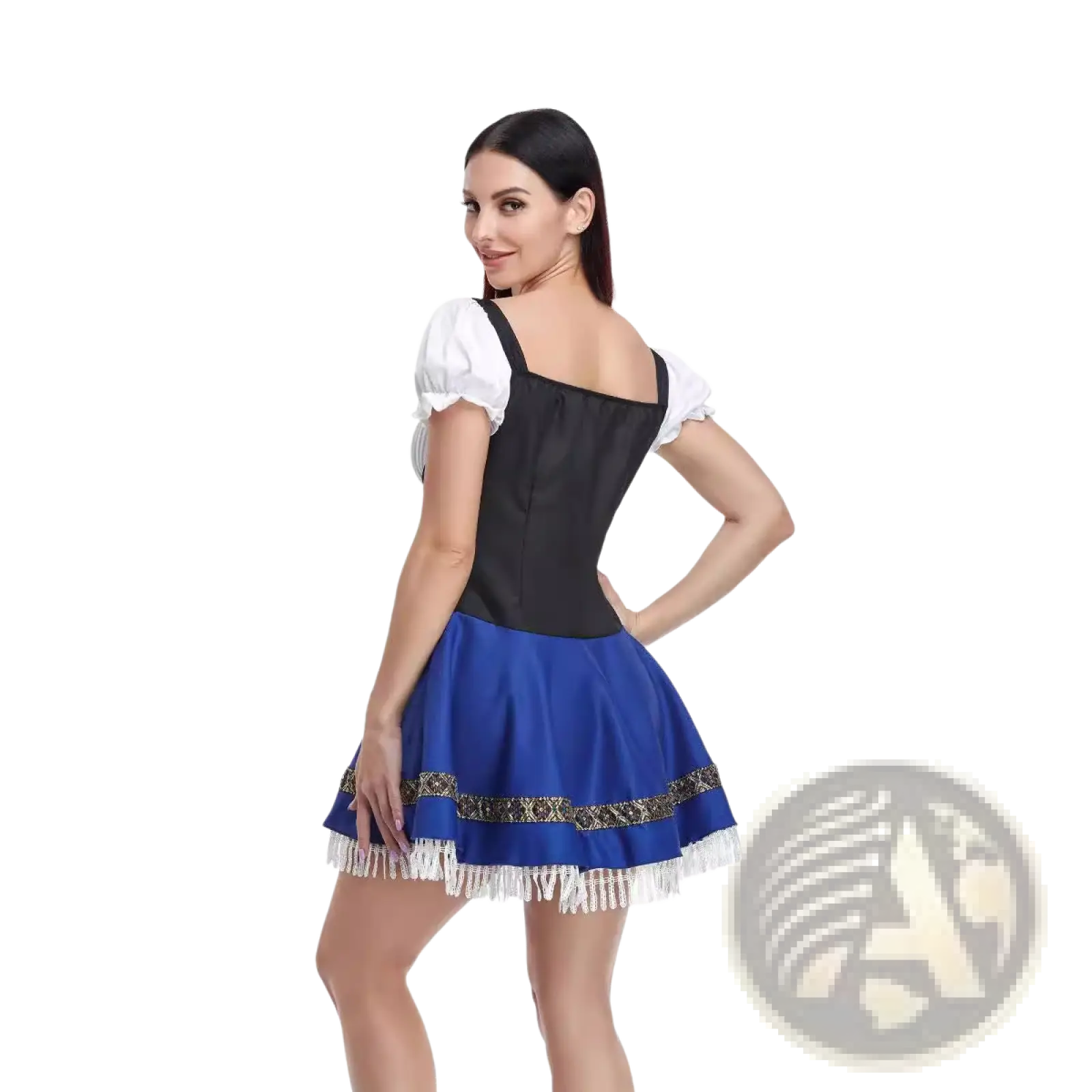 A woman wearing a black and blue women’s Bavarian corset style Halloween dirndl dress with white puffed sleeves and gold embroidery
