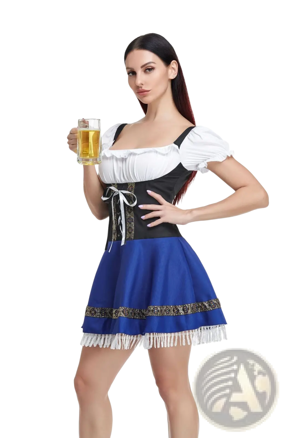 A woman wears a women’s bavarian corset style halloween dirndl dress with white blouse, black bodice, and blue skirt