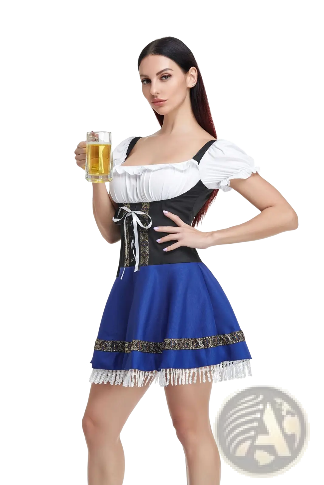 A woman wears a women’s bavarian corset style halloween dirndl dress with white blouse, black bodice, and blue skirt
