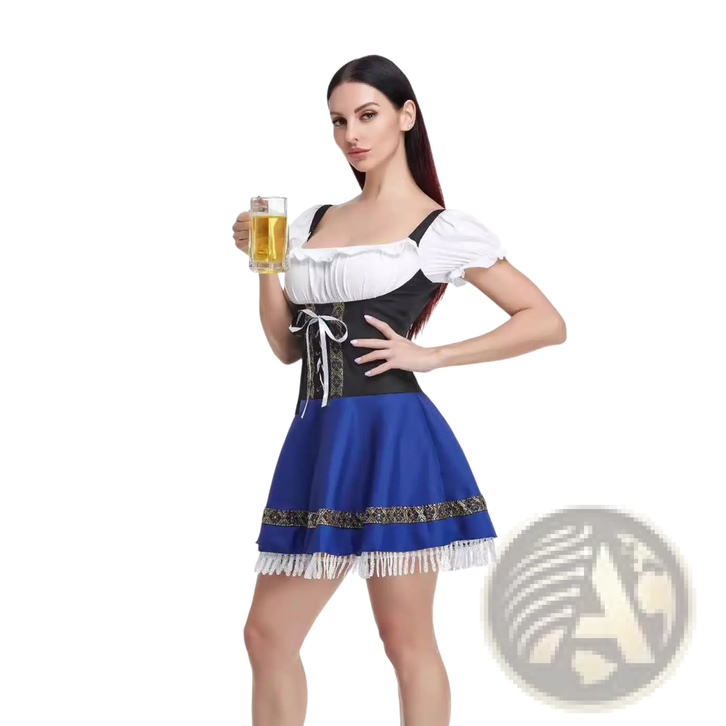 A woman wears a women’s Bavarian corset style Halloween dirndl dress with white off-shoulder top and blue gold-trimmed skirt