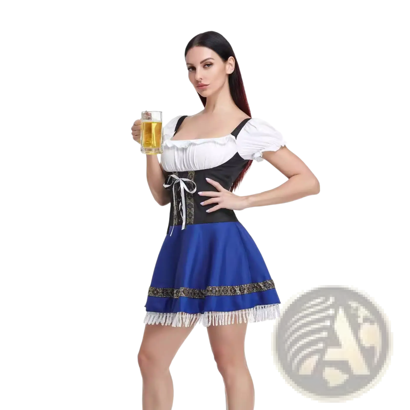 A woman wears a women’s Bavarian corset style Halloween dirndl dress with white off-shoulder top and blue gold-trimmed skirt