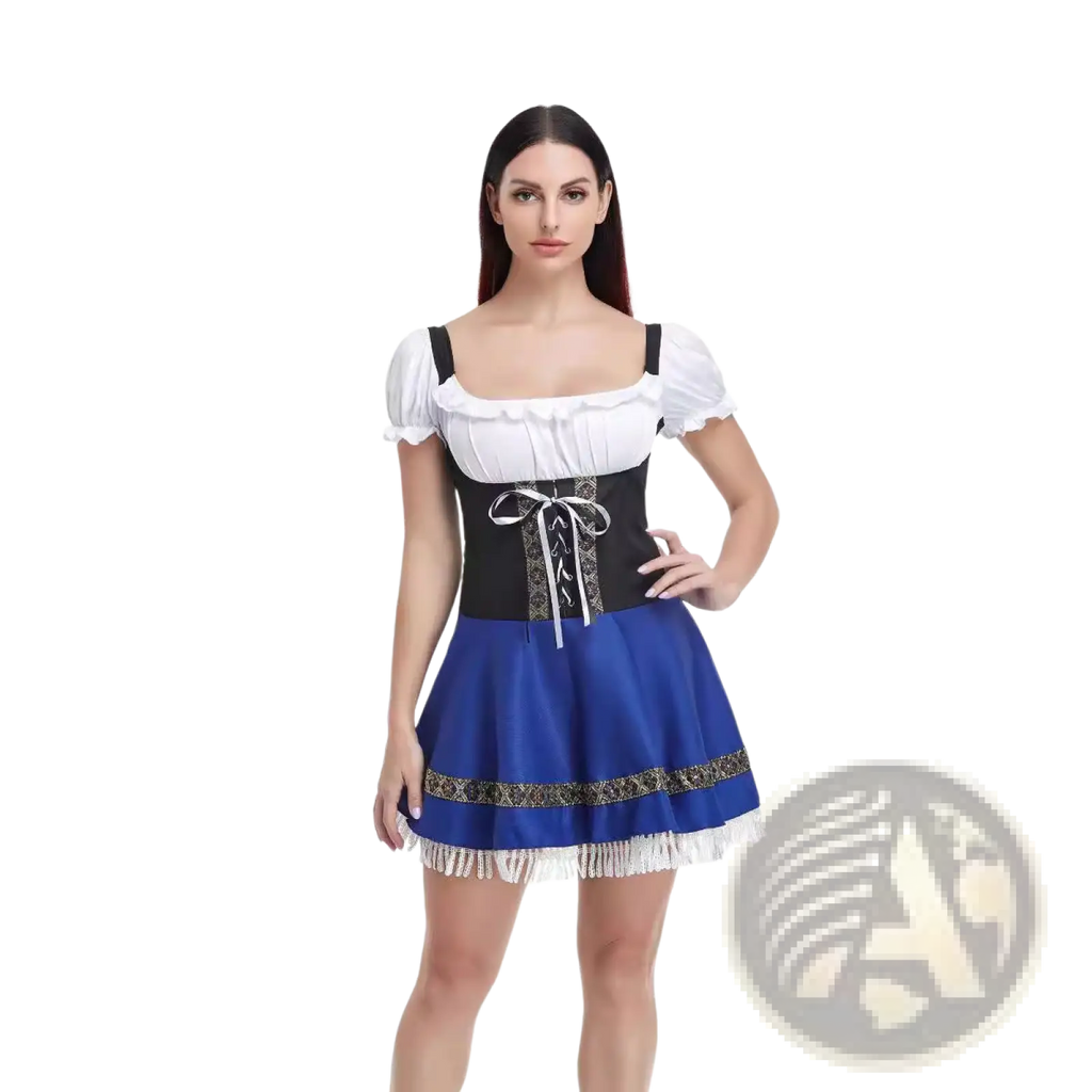 A woman wears a women’s Bavarian corset style Halloween dirndl dress with a white blouse black lace corset and blue gold skirt