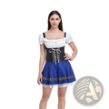 A woman wears a women’s Bavarian corset style Halloween dirndl dress with a white blouse black lace corset and blue gold skirt