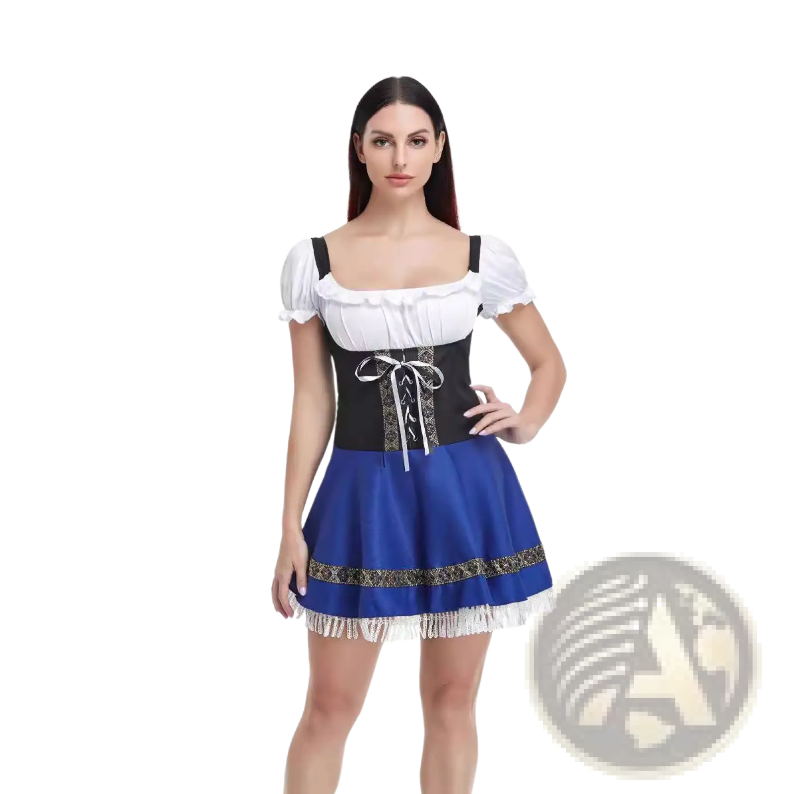 A woman wears a women’s Bavarian corset style Halloween dirndl dress with a white blouse black lace corset and blue gold skirt