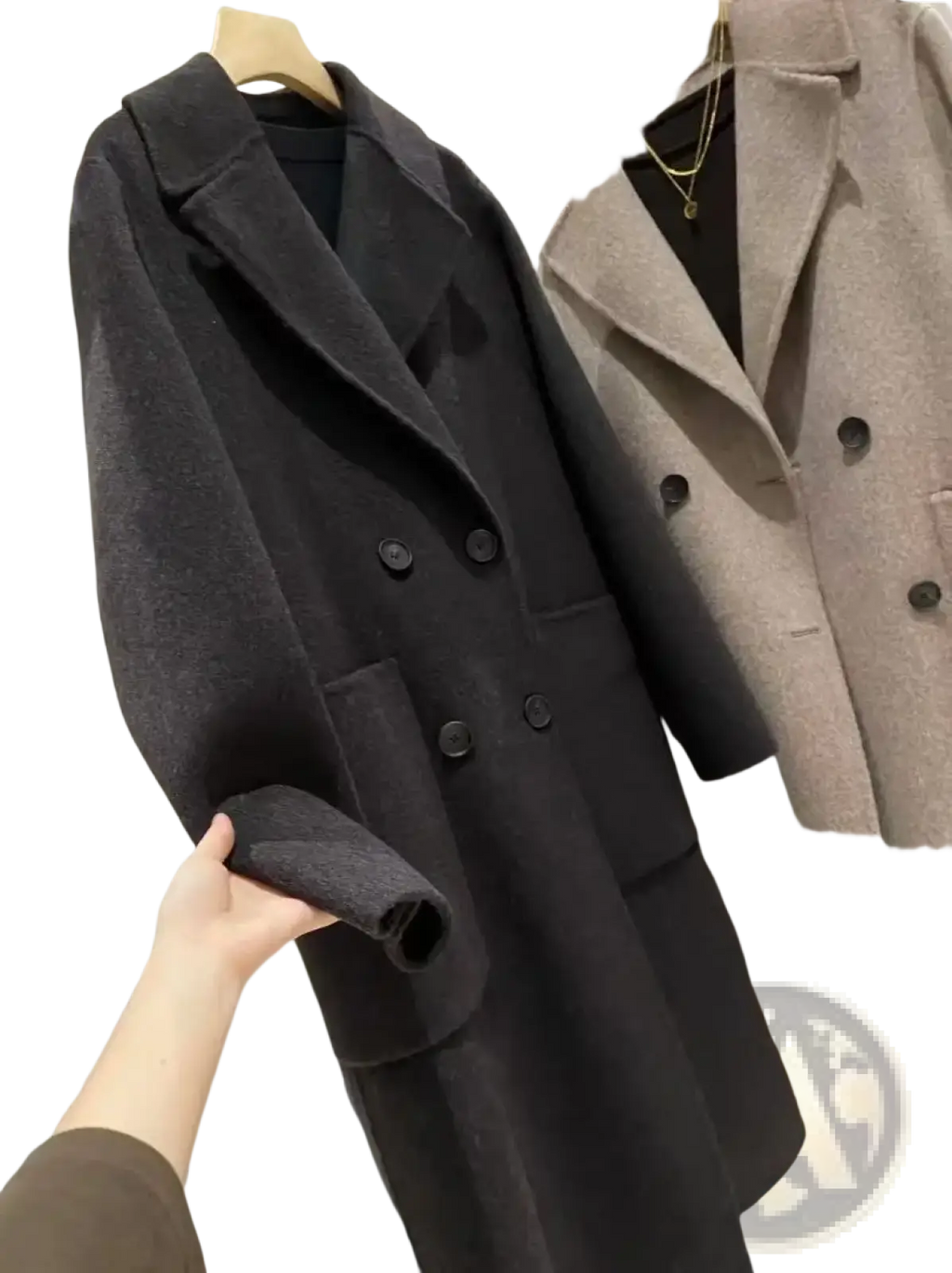 Black double-breasted wool coat with classic collar and buttoned cuffs for women in a beige double-breasted wool overcoat product