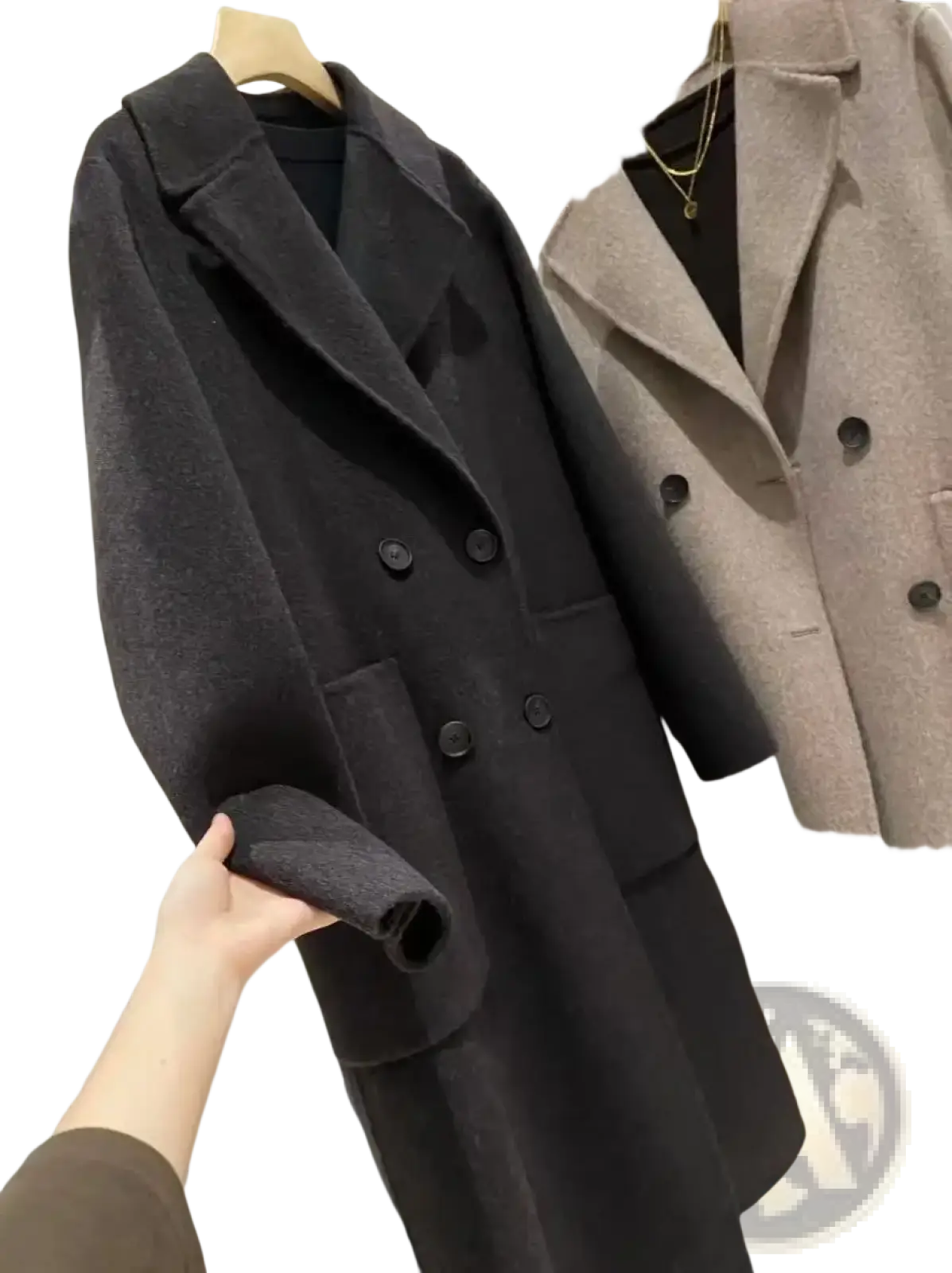 Black double-breasted wool coat with classic collar and buttoned cuffs for women in a beige double-breasted wool overcoat product