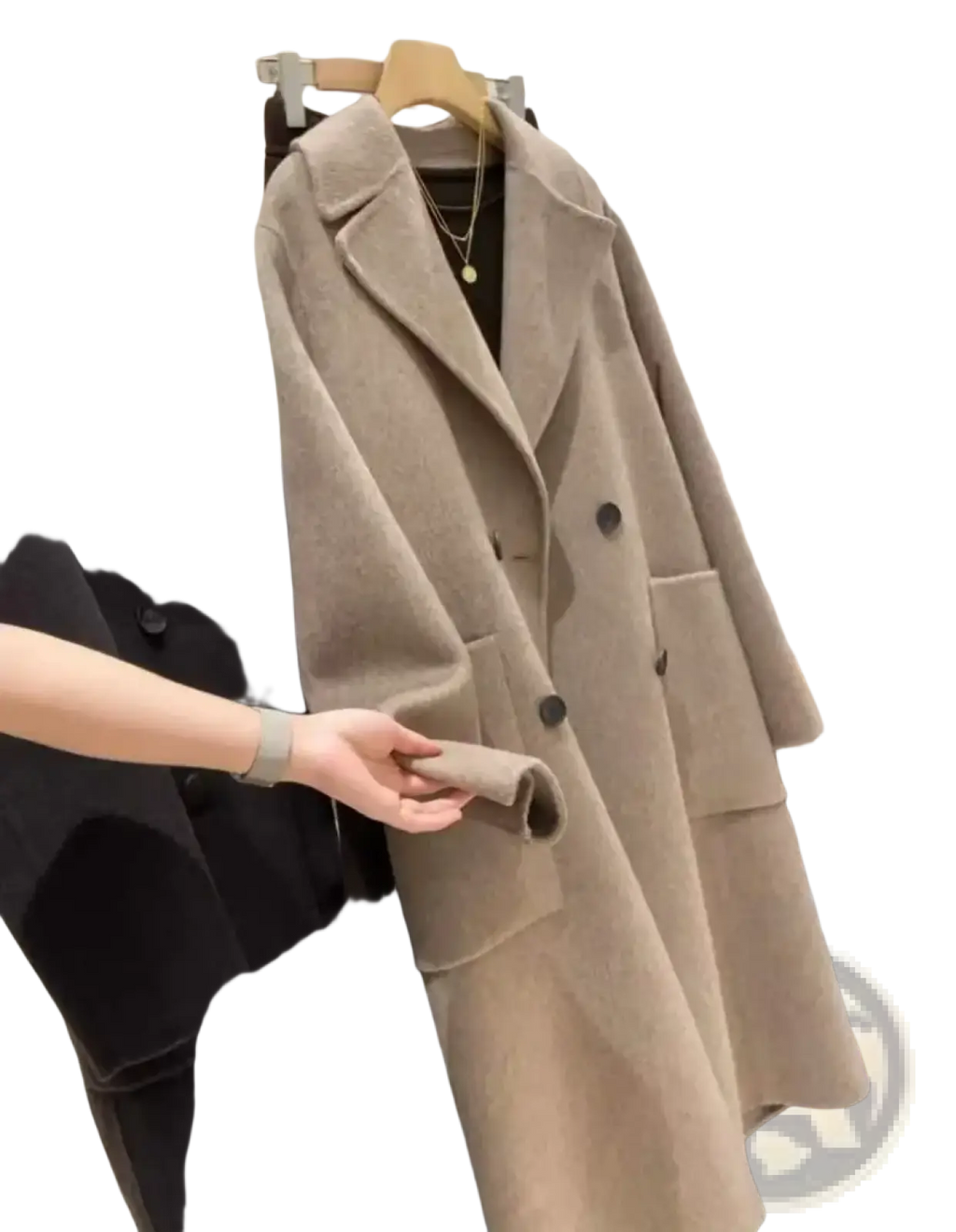 Women’s beige double-breasted wool overcoat with black buttons and large patch pockets