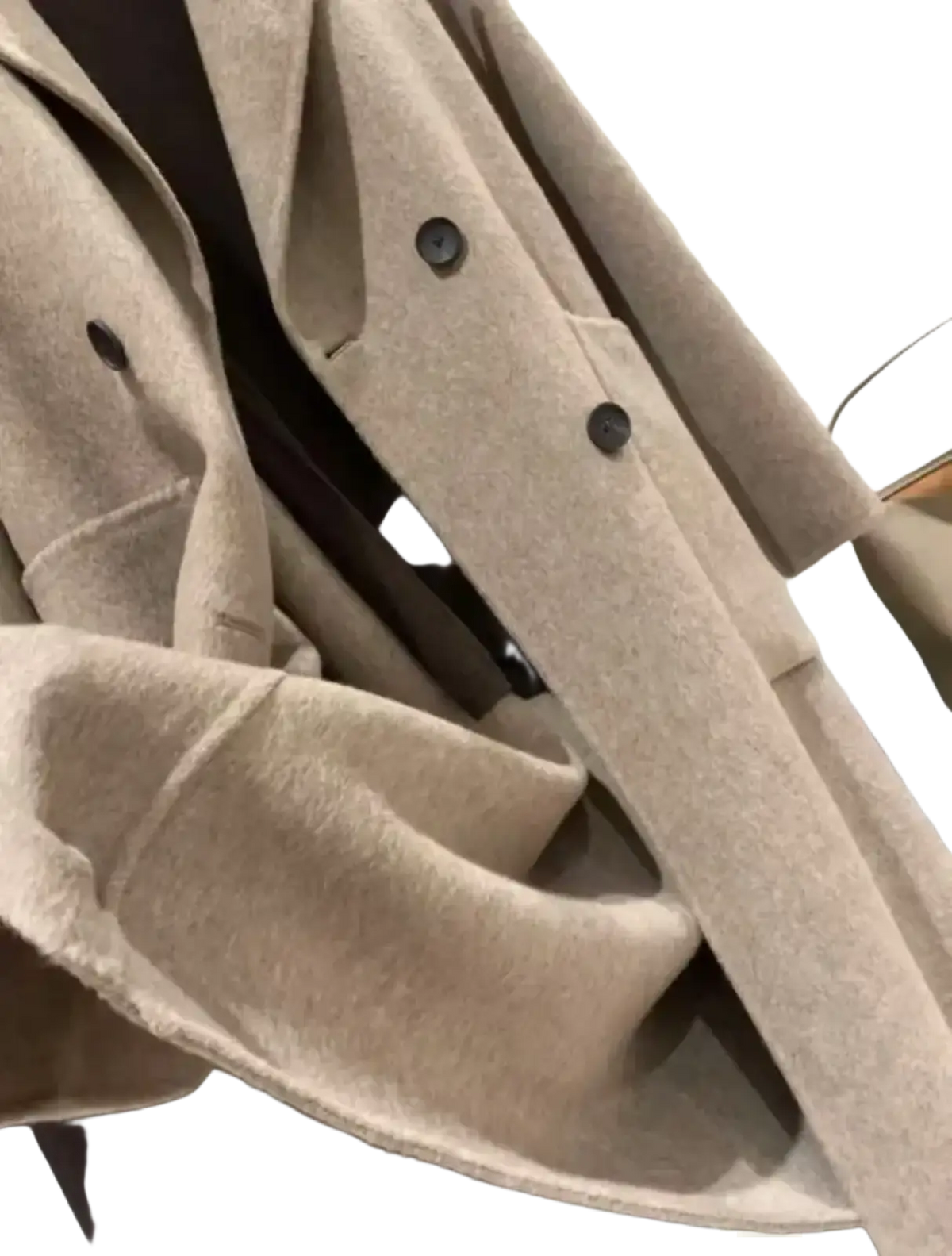 Women’s beige double-breasted wool overcoat featuring dark buttons for a stylish and warm outerwear option