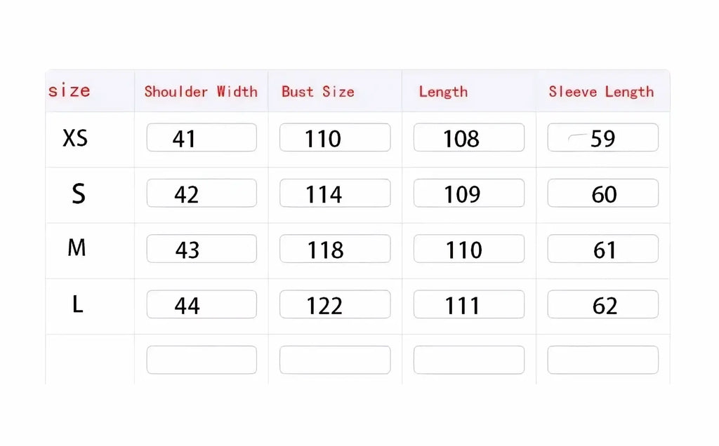 Size chart displaying measurements in centimeters for women’s beige double-breasted wool overcoat sizes xs to l