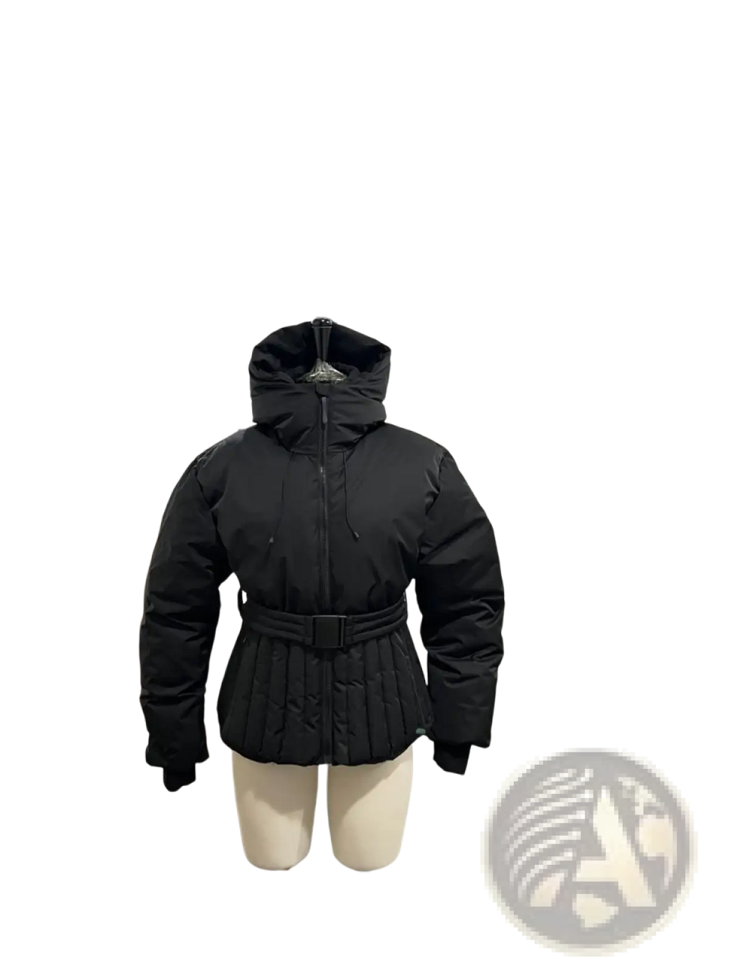 Women’s black quilted puffer coat with hood and matching belted waist for stylish cold weather wear