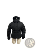 Women’s black quilted puffer coat with hood and matching belted waist for stylish cold weather wear