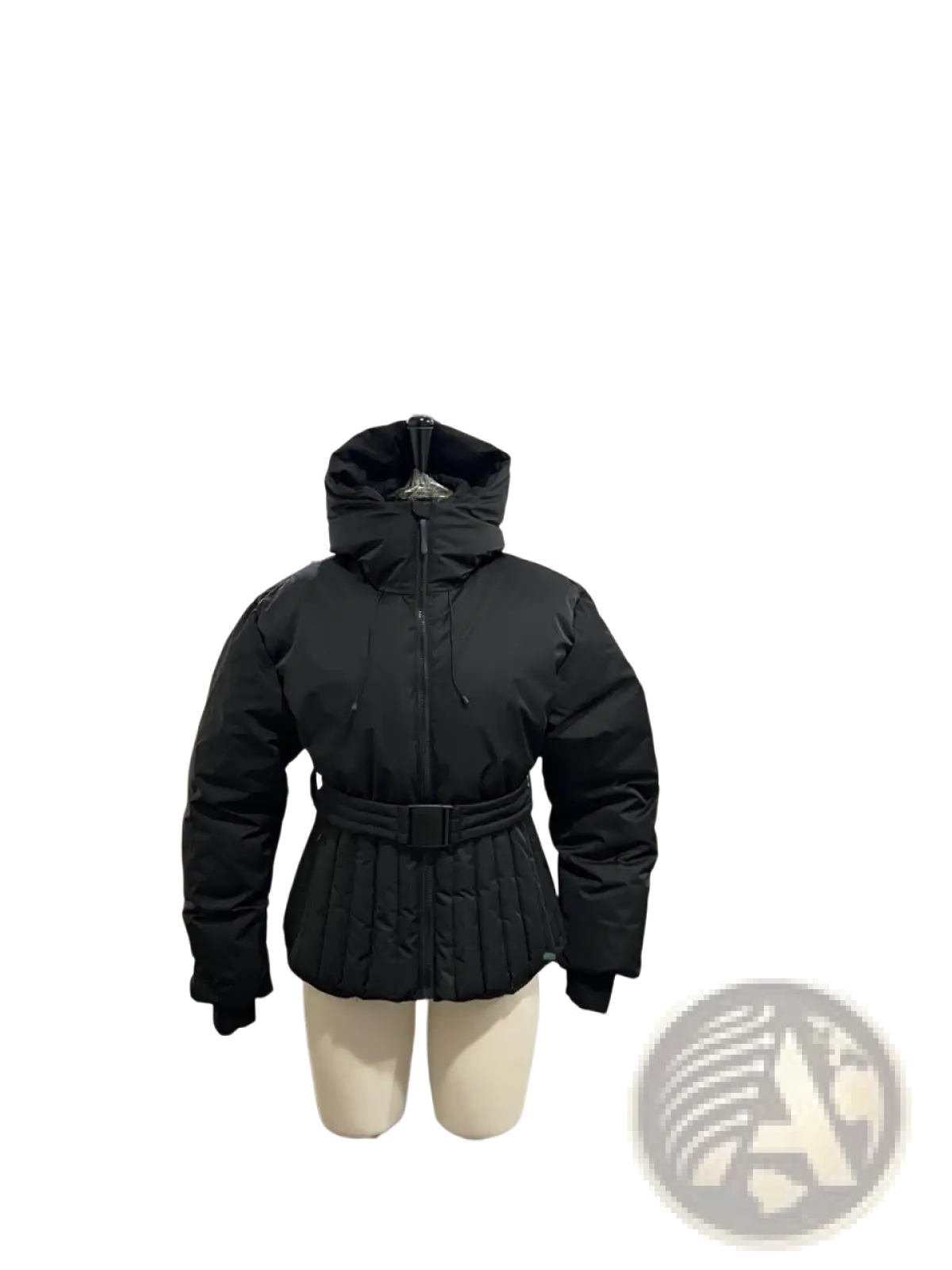 Women’s black quilted puffer coat with hood and matching belted waist for stylish cold weather wear