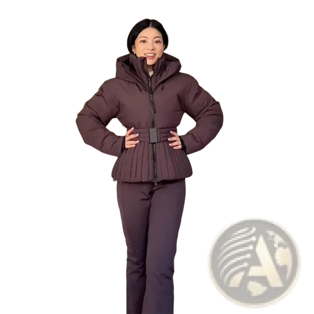 Women’s belted hooded puffer coat in dark purple with a cozy hood and pleated waistband for warmth and style