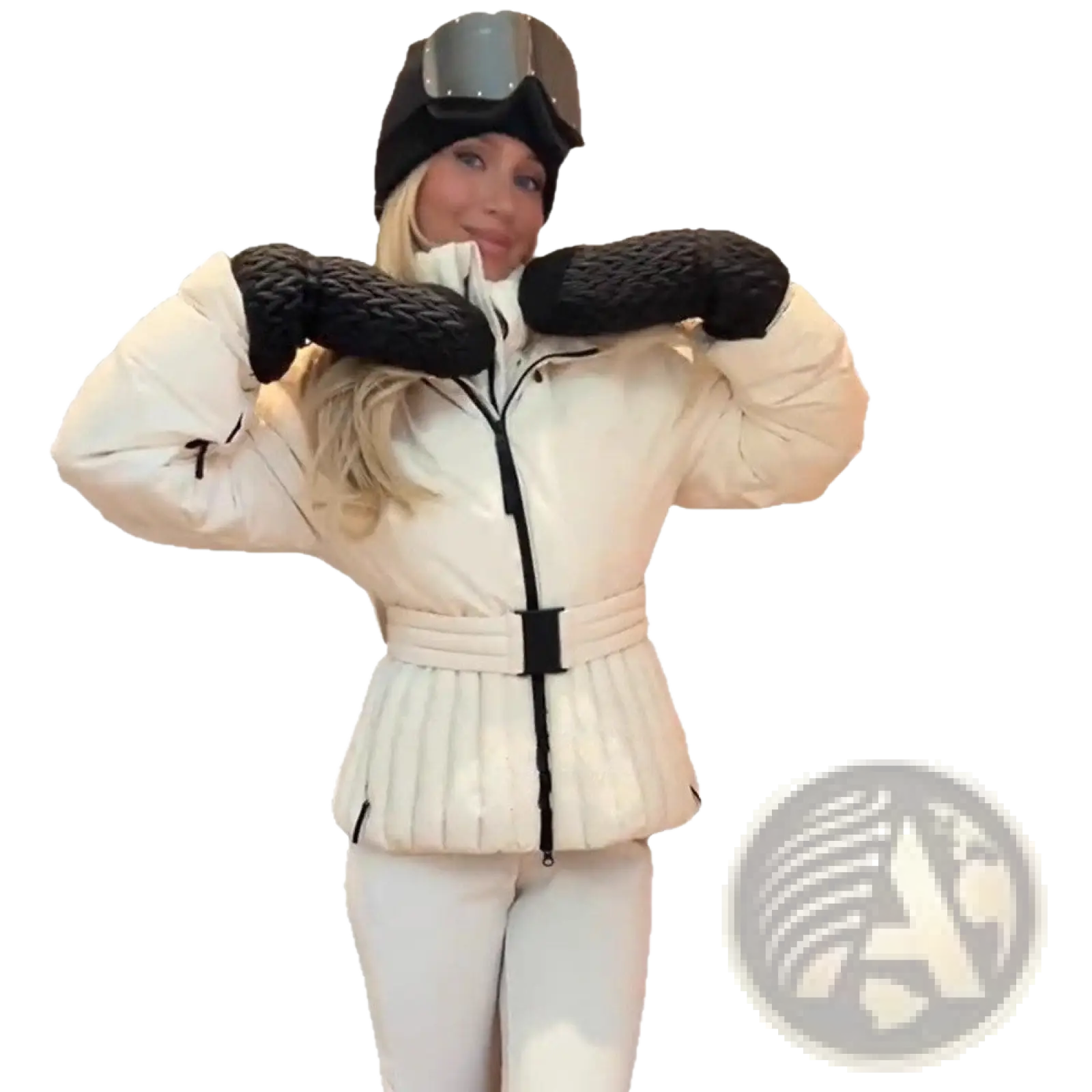 Women’s belted hooded puffer coat in cream color with black zipper and quilted design for cold weather