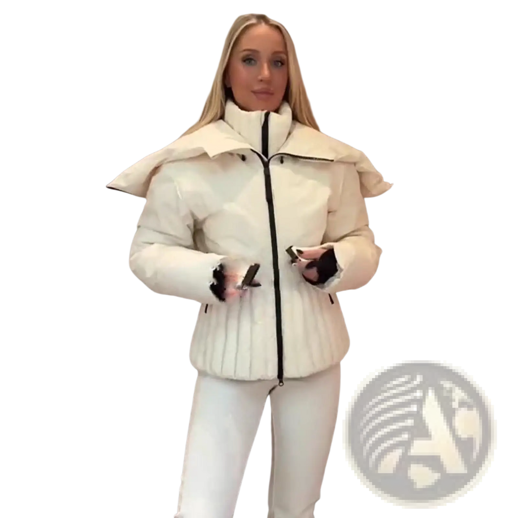 Cream-colored women’s belted hooded puffer coat with bold structured hood and ribbed detailing along the front