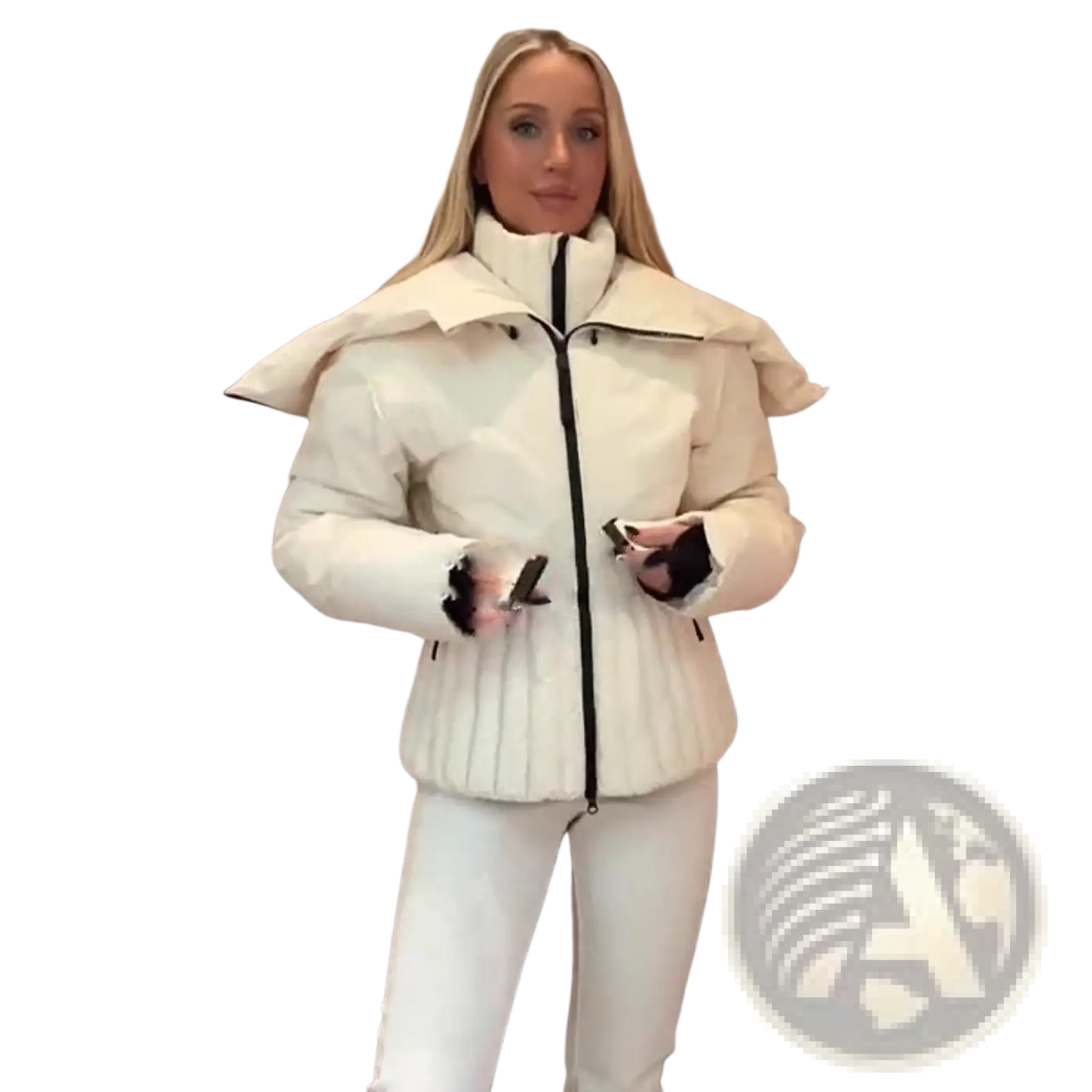 Cream-colored women’s belted hooded puffer coat with bold structured hood and ribbed detailing along the front