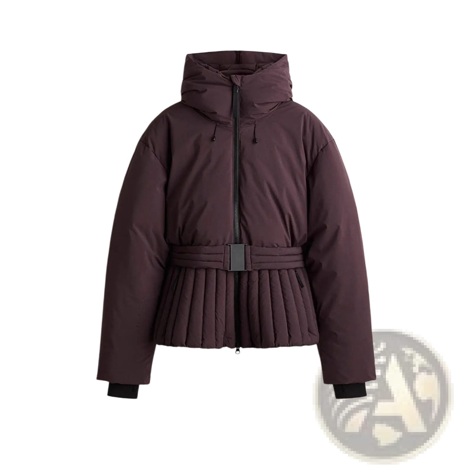 Women’s dark plum belted hooded puffer coat with pleated waistband and black belt buckle, back side view