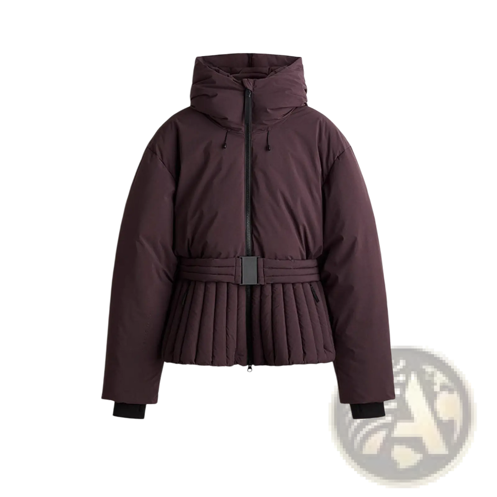 Women’s dark plum belted hooded puffer coat with pleated waistband and black belt buckle, back side view