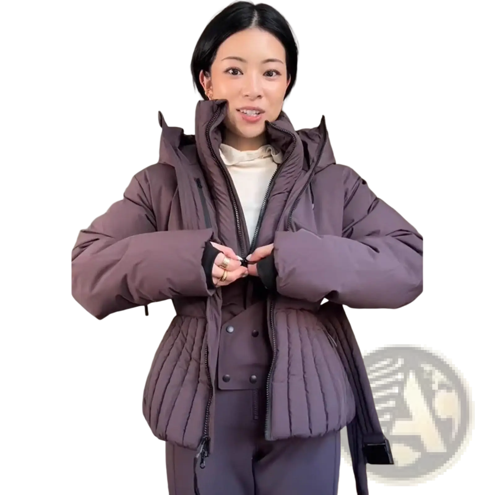 Women’s belted hooded puffer coat in muted purple with quilted design and black zipper accents made of plush material