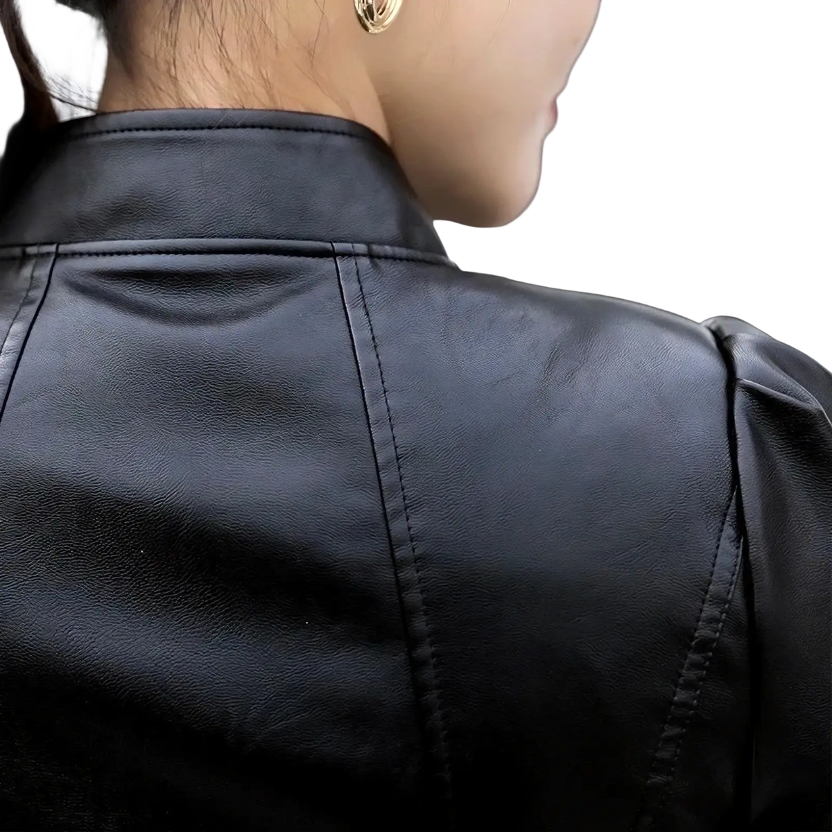 Women’s black faux leather biker jacket with high collar and puffed sleeves for a stylish edge