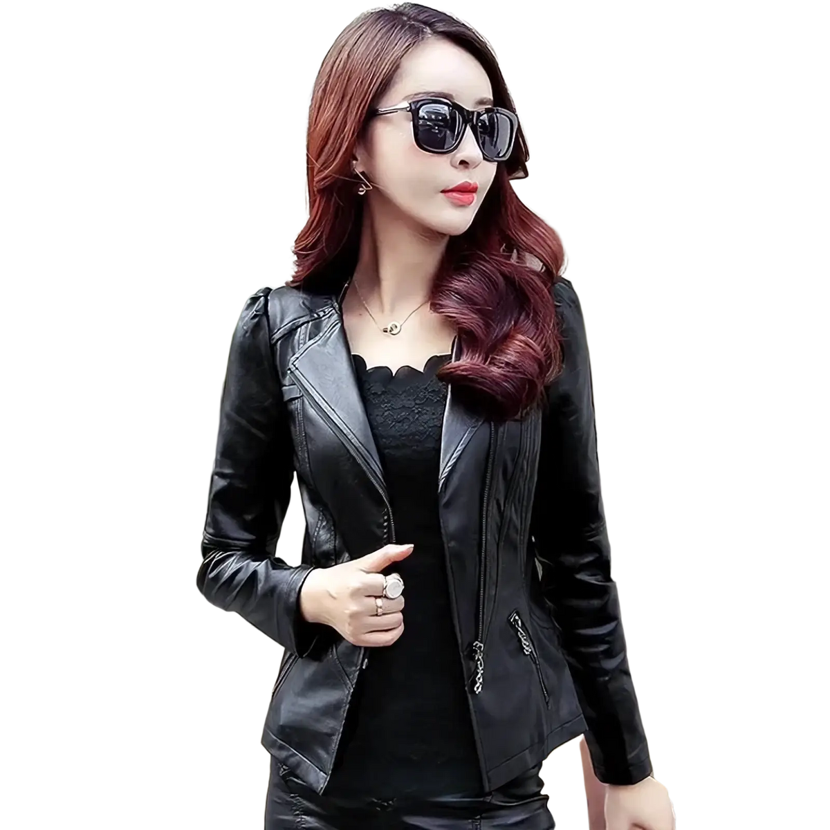 Women’s black faux leather biker jacket with zipper details and a sleek fitted design for stylish outerwear