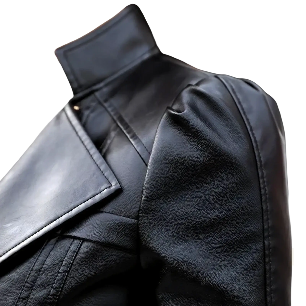Women’s black faux leather biker jacket with high collar and structured shoulder design