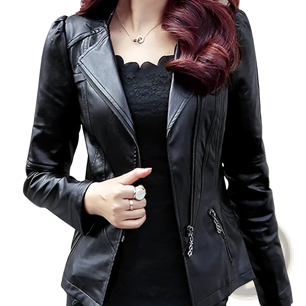 Women’s black faux leather biker jacket with zipper details and chain accents on black leather moto jacket