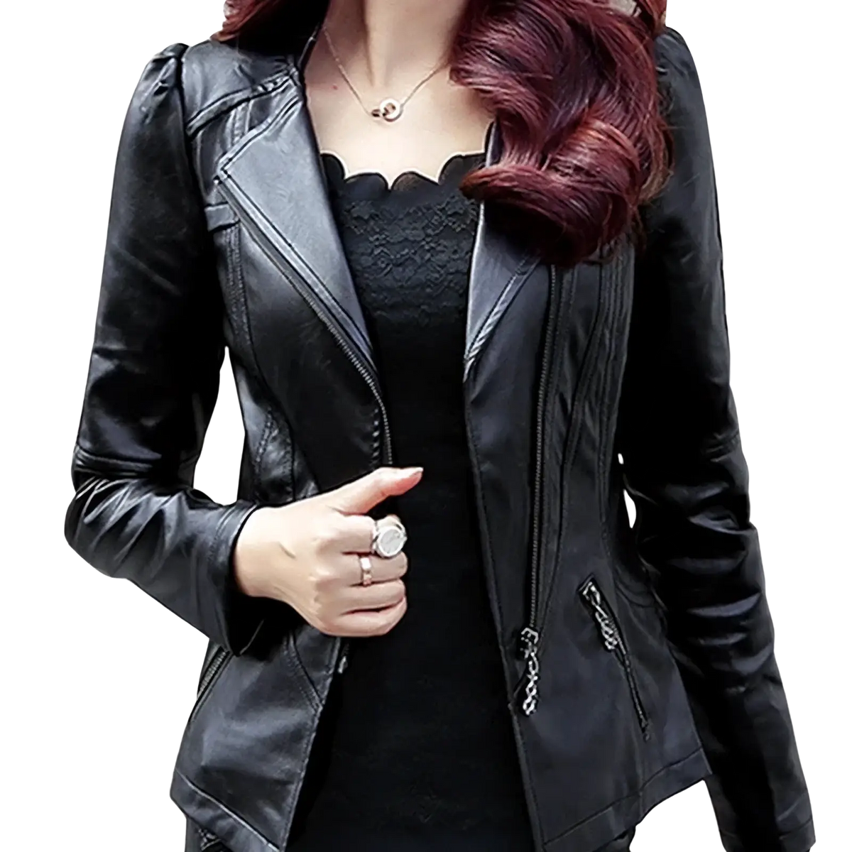 Women’s black faux leather biker jacket with zipper details and chain accents on black leather moto jacket