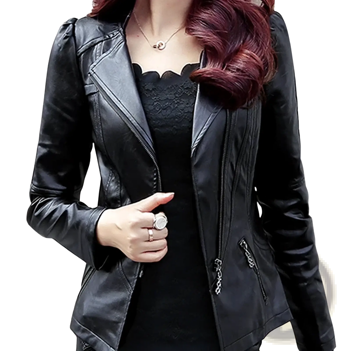 Women’s black faux leather biker jacket featuring zipper details and chain accents for a stylish moto look