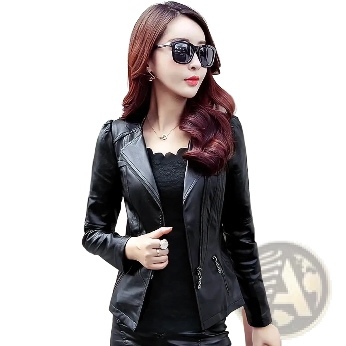 Women’s black faux leather biker jacket with zipper details and a sleek fitted design for stylish outerwear