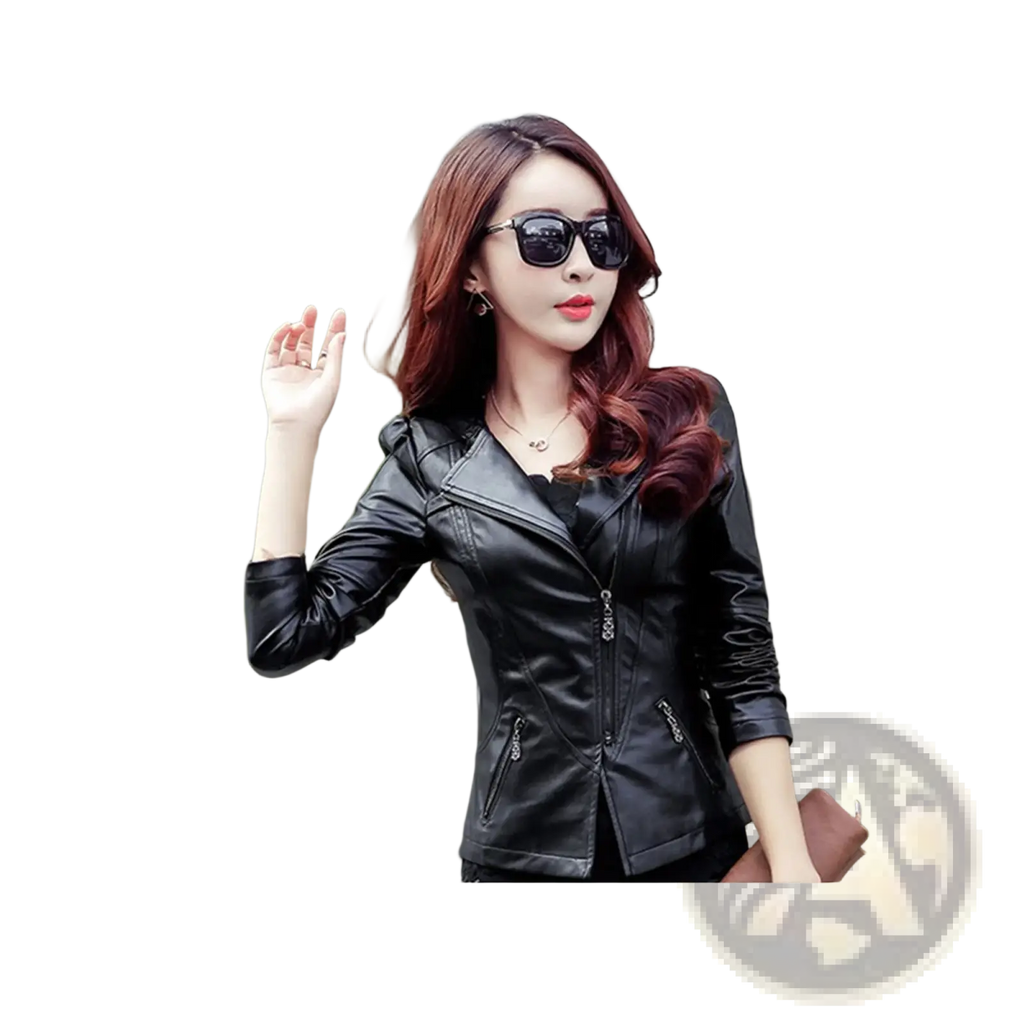 Women’s black faux leather biker jacket with zipper front and side pockets in smooth leather material