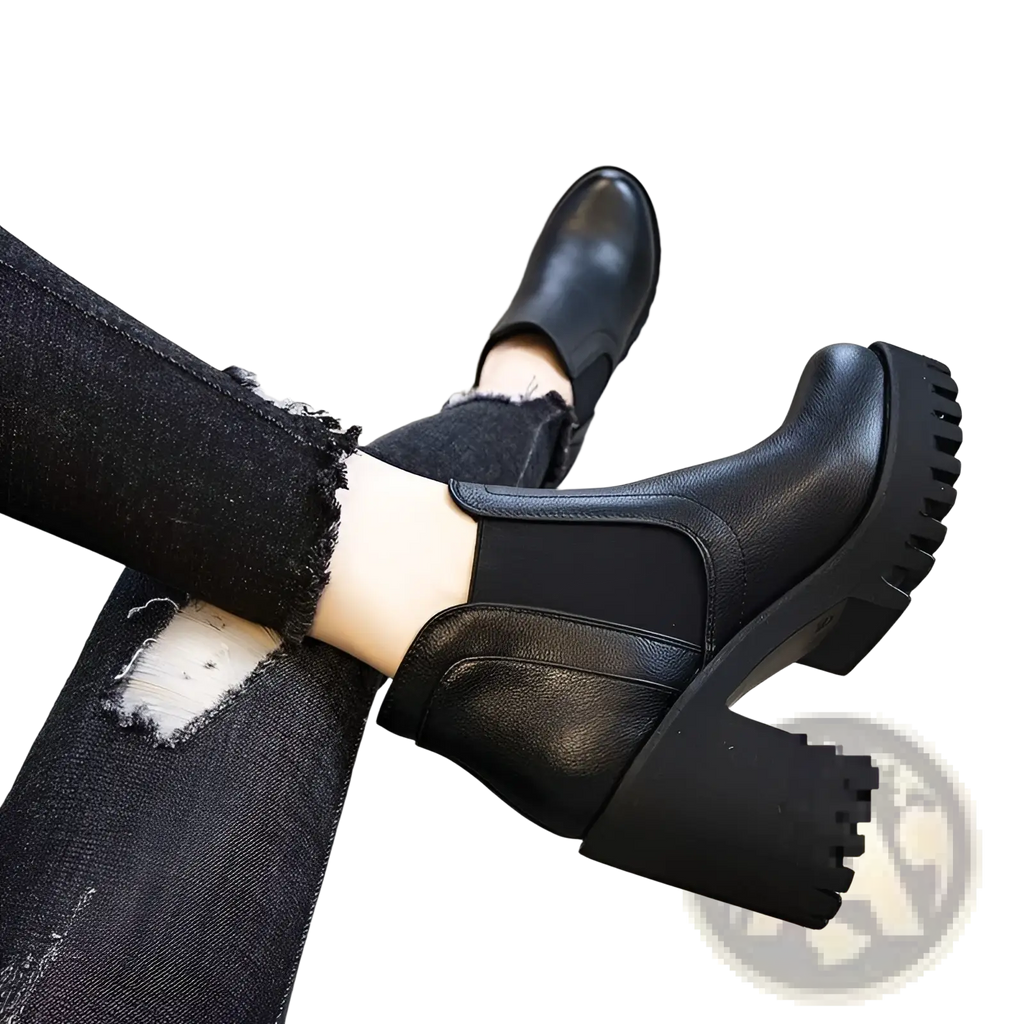 Women’s black leather ankle boots with chunky heel and textured rubber sole shown from the back side